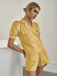 Sollinarry Flap Detail Double Breasted Top & Shorts Set - Yellow - View 4