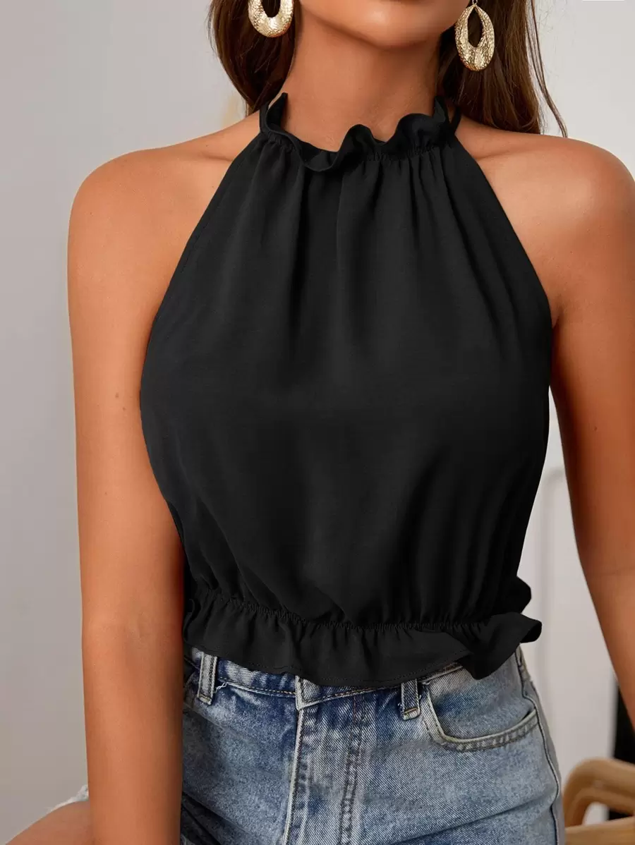 SHEIN Frenchy Frilled Neck Tie Back Peplum Halter Top Chic Black Summer Casual Black - Black - View 1