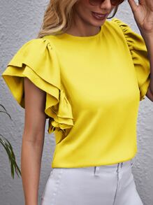SHEIN Clasi 蝴蝶袖素色上衣 - 黃色 - 查看 2