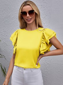 SHEIN Clasi 蝴蝶袖素色上衣 - 黃色 - 查看 4