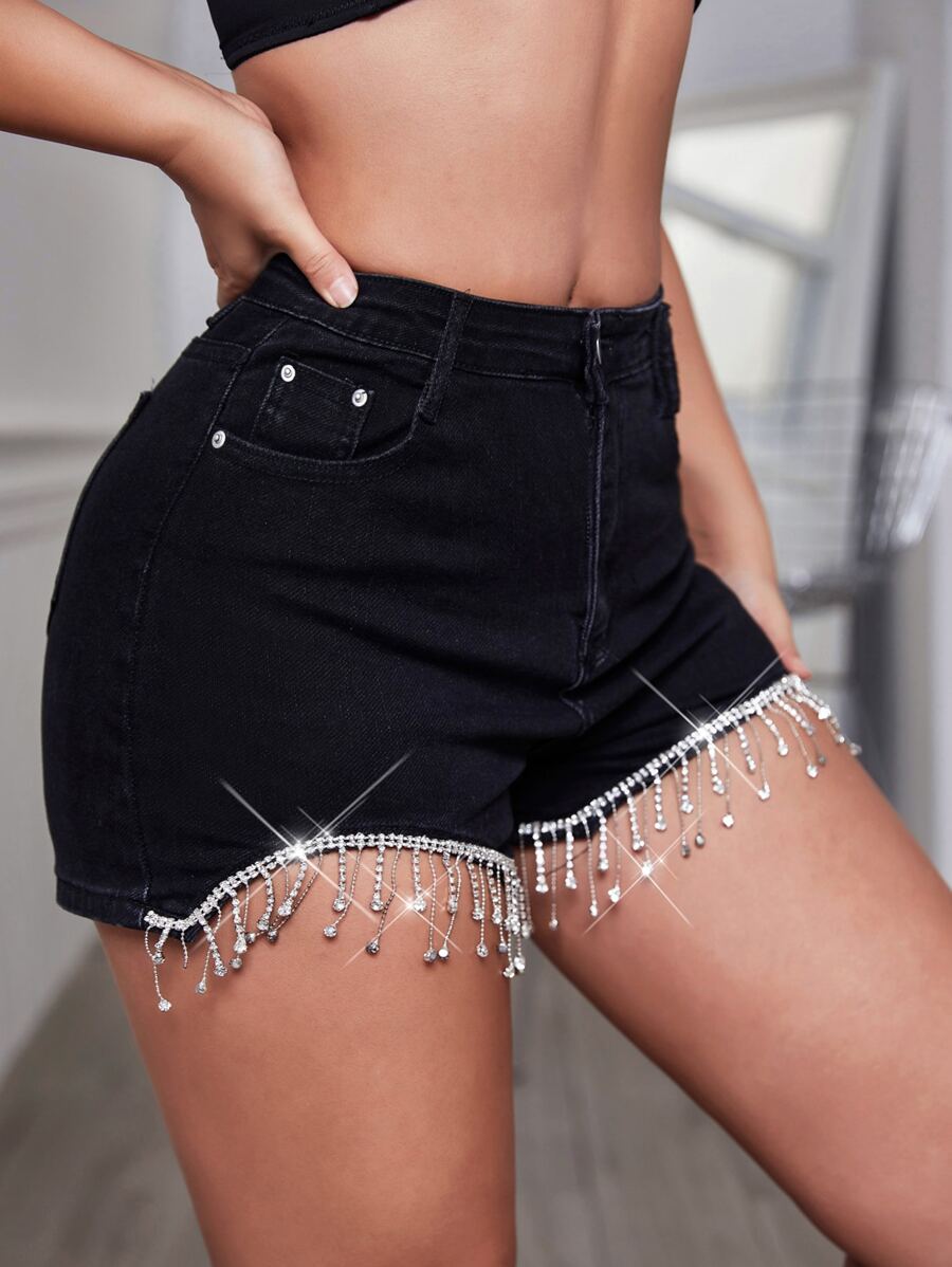 Quần short denim mini cạp cao có túi chéo đính đá tua rua phong cách Rave Y2K mùa hè thoải mái - màu đen - Xem 1
