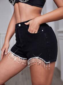 Quần short denim mini cạp cao có túi chéo đính đá tua rua phong cách Rave Y2K mùa hè thoải mái - màu đen - Xem 4