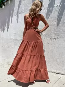 Breezaya Cut Out Crisscross Ruffle Hem Tie Backless Halter Dress - Burnt Orange - View 5