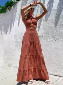 Breezaya Cut Out Crisscross Ruffle Hem Tie Backless Halter Dress - Burnt Orange - View 7