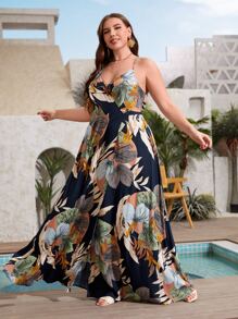 SHEIN VCAY 大碼熱帶圖案交叉領扭結露背圍裹下擺吊帶洋裝 - 彩色 - 查看 2