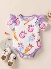 Baby Cartoon Graphic Ruffle Trim Bodysuit