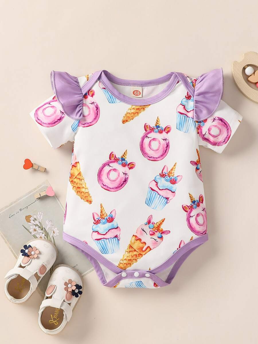 Baby Cartoon Graphic Ruffle Trim Bodysuit