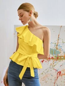 SHEIN Privé Blusa de un hombro ribete con fruncido peplum con cinturón - Amarillo - Ver 1