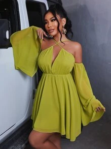 SHEIN Slayr Cold Shoulder Flounce Sleeve Dress - Olive Green - View 3
