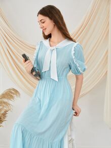 SHEIN Sailor Collar Puff Sleeve Ruffle Hem Dress - Baby Blue - View 2