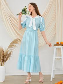 SHEIN Sailor Collar Puff Sleeve Ruffle Hem Dress - Baby Blue - View 4