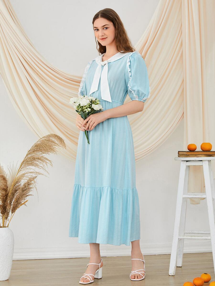 SHEIN Sailor Collar Puff Sleeve Ruffle Hem Dress - Baby Blue - View 1