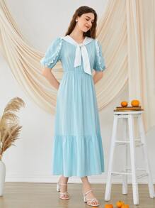 SHEIN Sailor Collar Puff Sleeve Ruffle Hem Dress - Baby Blue - View 5