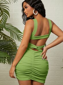 SHEIN Đầm Lộ Lưng Cắt ra Nhẫn Xù xoắn lại màu trơn Gợi cảm - Màu xanh chanh - Xem 3