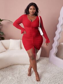 Slaydiva Đầm Plus Size Dây kéo Xù màu trơn Thanh lịch - Đỏ - Xem 1