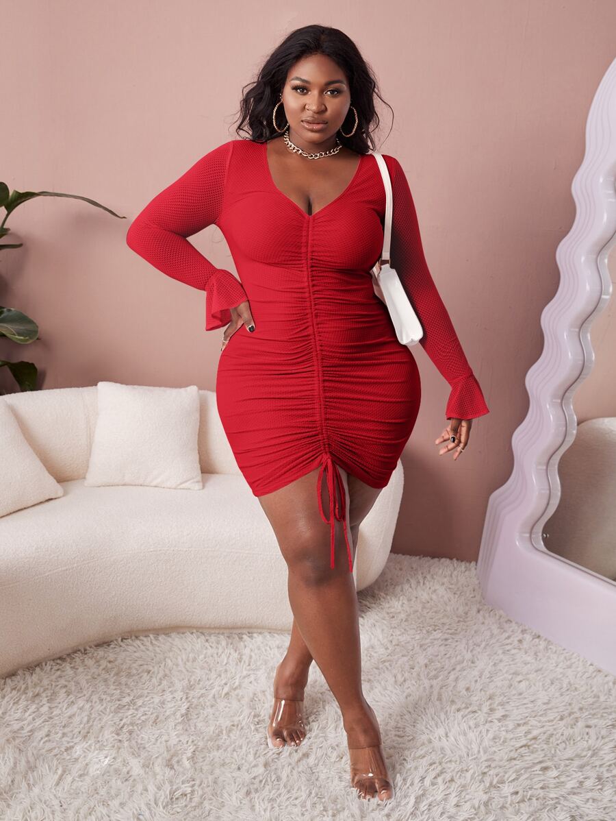 Slaydiva Đầm Plus Size Dây kéo Xù màu trơn Thanh lịch - Đỏ - Xem 1