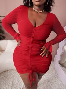 Slaydiva Đầm Plus Size Dây kéo Xù màu trơn Thanh lịch - Đỏ - Xem 5