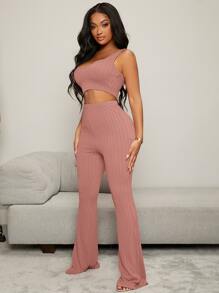 SHEIN SXY Textured Knit Tank Top And Trousers Set - Dusty Pink - View 3