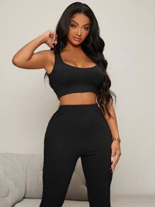 SHEIN SXY Textured Knit Tank Top And Pants Set - Black - View 4