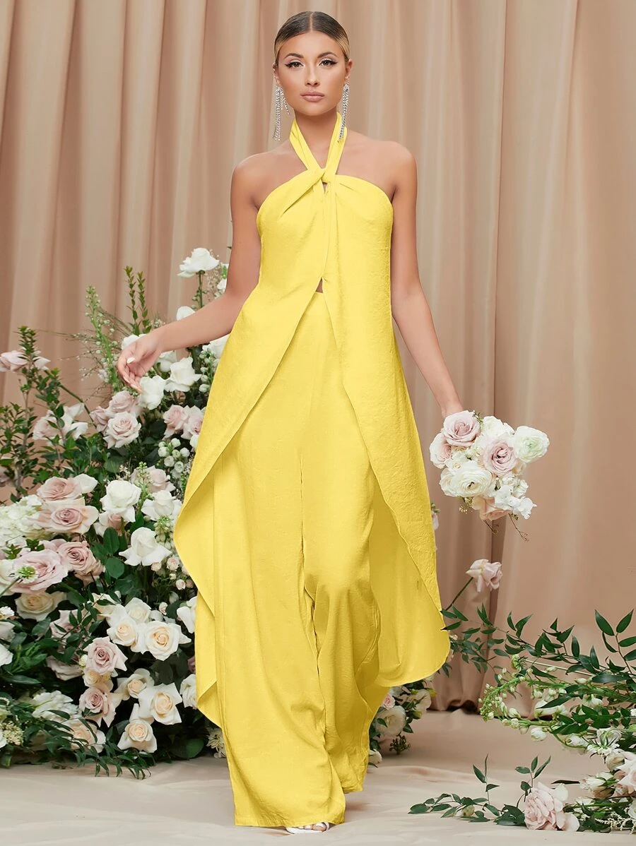 SHEIN Belle Open Back Asymmetrical Hem Halter Top & Palazzo Pants Set - Yellow - View 1