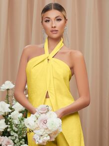 SHEIN Belle Open Back Asymmetrical Hem Halter Top & Palazzo Pants Set - Yellow - View 4