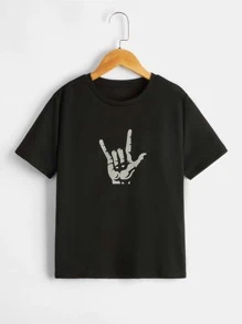 SHEIN Leap Crew Tween Boy Summer Casual Knitted Short Sleeve Round Neck Reflective Palm Print T-Shirt - Black - View 3