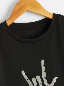 SHEIN Leap Crew Tween Boy Summer Casual Knitted Short Sleeve Round Neck Reflective Palm Print T-Shirt - Black - View 5