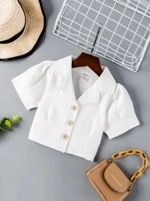 SHEIN Young Girl Lapel Collar Puff Sleeve Button Front Crop Shirt - White - View 1