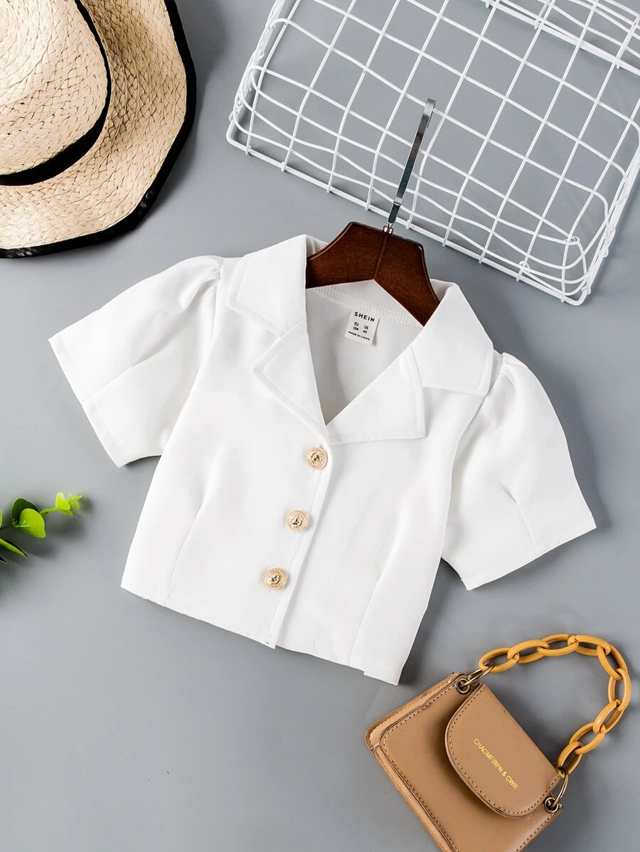 SHEIN Young Girl Lapel Collar Puff Sleeve Button Front Crop Shirt - White - View 1