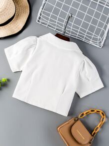 SHEIN Young Girl Lapel Collar Puff Sleeve Button Front Crop Shirt - White - View 2