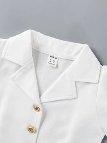 SHEIN Young Girl Lapel Collar Puff Sleeve Button Front Crop Shirt - White - View 3