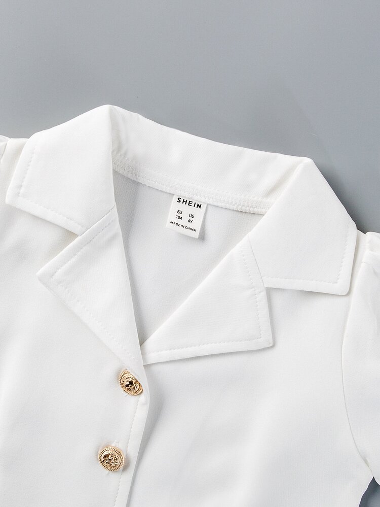 SHEIN Young Girl Lapel Collar Puff Sleeve Button Front Crop Shirt - White - View 3