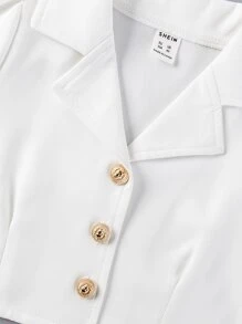 SHEIN Young Girl Lapel Collar Puff Sleeve Button Front Crop Shirt - White - View 7