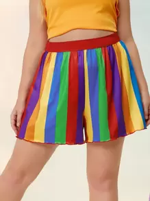 Plus Rainbow Striped Tape Waist Shorts - Multicolor - View 1