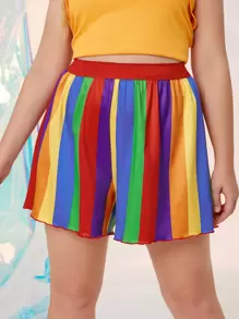 Plus Rainbow Striped Tape Waist Shorts - Multicolor - View 4