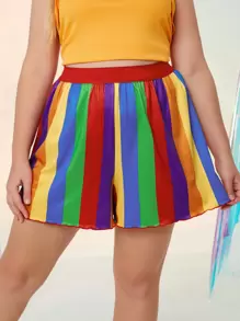 Plus Rainbow Striped Tape Waist Shorts - Multicolor - View 5