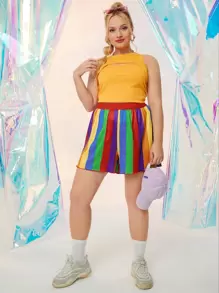 Plus Rainbow Striped Tape Waist Shorts - Multicolor - View 6