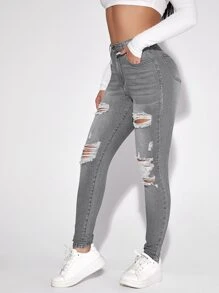 SHEIN Essnce 高腰破洞緊身牛仔褲 - 淺灰色 - 查看 3