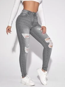 SHEIN Essnce 高腰破洞緊身牛仔褲 - 淺灰色 - 查看 4