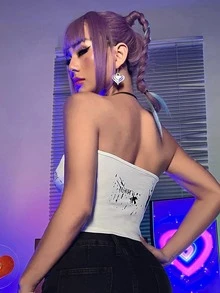 SHEIN ICON Letter Graphic Backless Asymmetrical Halter Top - White - View 2
