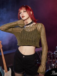 ROMWE Grunge Punk Hollow Out Sweater - Army Green - View 1