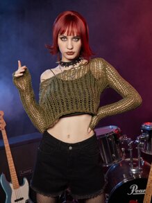 ROMWE Grunge Punk Hollow Out Sweater - Army Green - View 2