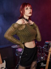 ROMWE Grunge Punk Hollow Out Sweater - Army Green - View 3