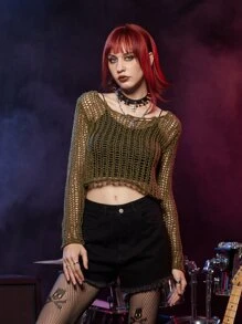 ROMWE Grunge Punk Hollow Out Sweater - Army Green - View 4