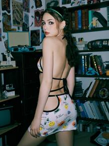 EMMILIANA Street Life Letter Cartoon Graphic Cut Out Ringer Halter Lingerie Set - Multicolor - View 2