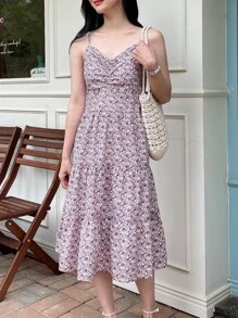 DAZY Vestido de tirantes floral fruncido bajo con fruncido - Multicolor - Ver 3