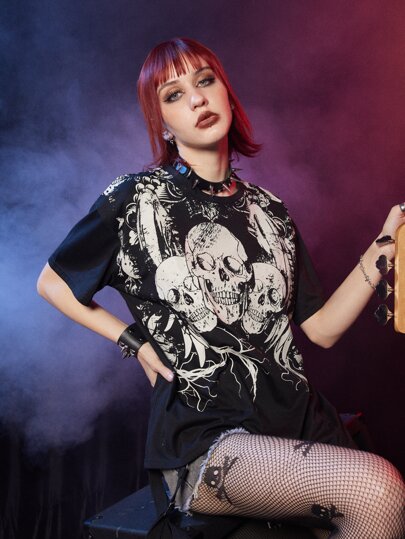 Grunge Punk Camiseta amplia estampado de cráneo