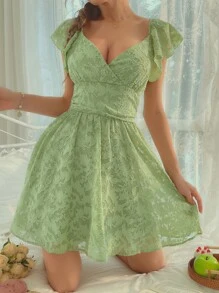 SHEIN WYWH Đầm Thắt nút Xù màu trơn Giải trí - màu xanh lá - Xem 6