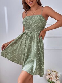Chiquease 1pc Women Polka Dot Waist Tie Sling Slim Fit Dress, For Holiday - Green - View 5