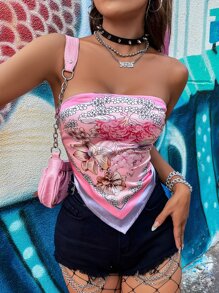 印花頭巾下擺後綁帶短款抹胸上衣